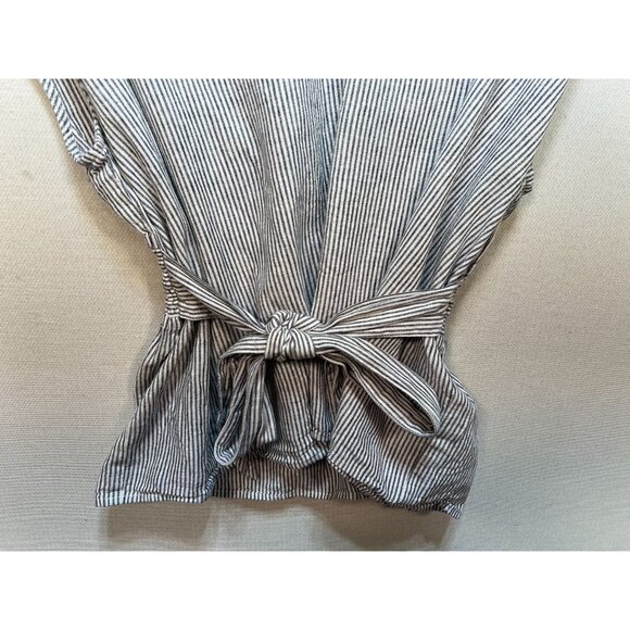 Morgan Taylor Women V Neck Linen Smocked Top Short Sleeve Sz L White Gray Stripe - Picture 6 of 11